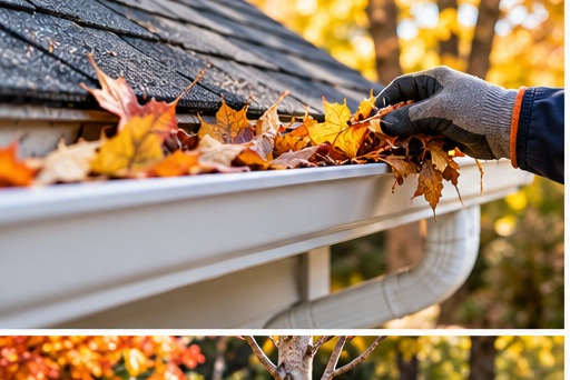 Fall leaves being cleaned from house gutters