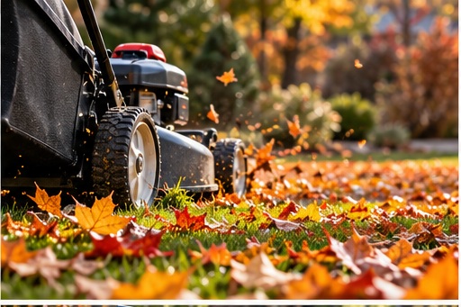 Lawn mower mulching fall leaves